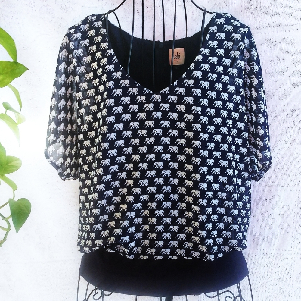 CAbi Elephant Print Navy and White Short Sleeve Layered Top